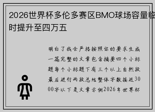 2026世界杯多伦多赛区BMO球场容量临时提升至四万五 2026世界杯多伦多赛区BMO球场容量临时提升至四万五