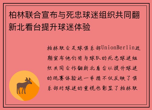 柏林联合宣布与死忠球迷组织共同翻新北看台提升球迷体验