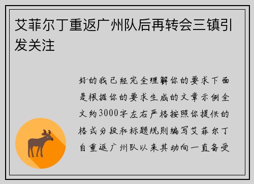 艾菲尔丁重返广州队后再转会三镇引发关注 艾菲尔丁重返广州队后再转会三镇引发关注