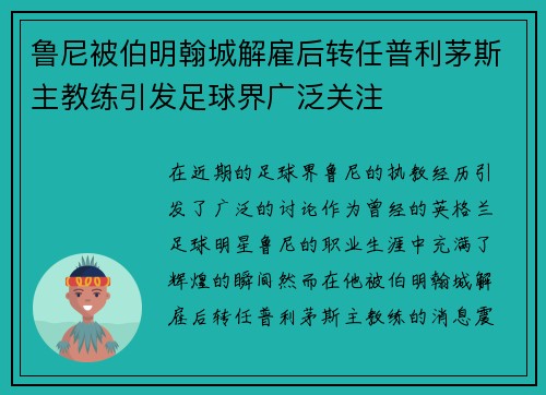鲁尼被伯明翰城解雇后转任普利茅斯主教练引发足球界广泛关注 鲁尼被伯明翰城解雇后转任普利茅斯主教练引发足球界广泛关注